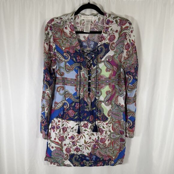 La Blanca Swim Coverup Women's Small Floral V Neck Long Sleeve Tunic tassels - Picture 1 of 13
